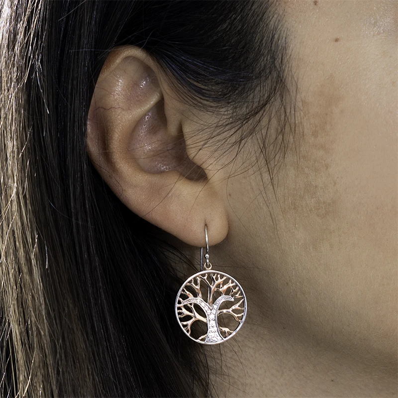 Rose gold tree of life earrings with zirconium