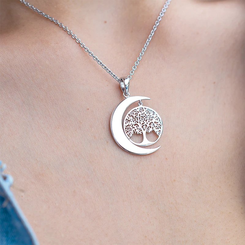 Silver tree of life necklace with moon