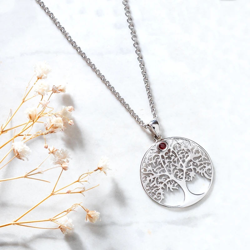 Silver Tree of Life Necklace With Garnet Stone