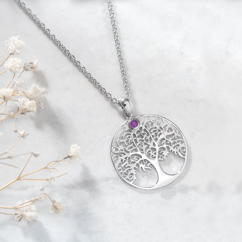 Silver Tree of life necklace with amethyst stone