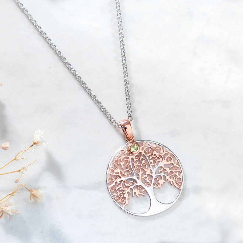 925 Silver & 18k rose gold Tree of life necklace with peridot stone