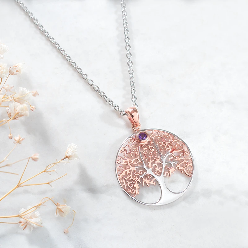 Silver & rose gold Tree of life rose gold necklace with amethyst stone