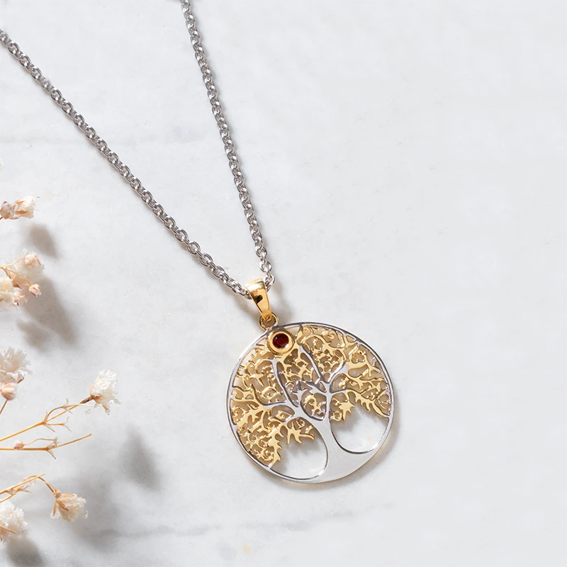 Silver & Gold Tree of Life Pendant With Garnet Stone