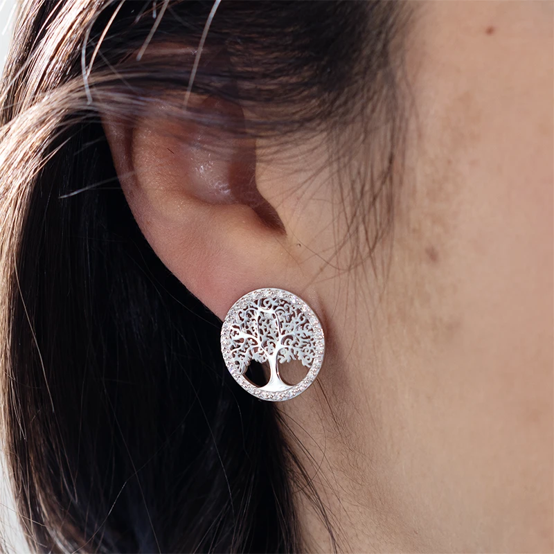 tree of life stud earrings in rhodium-plated 925 silver and stones