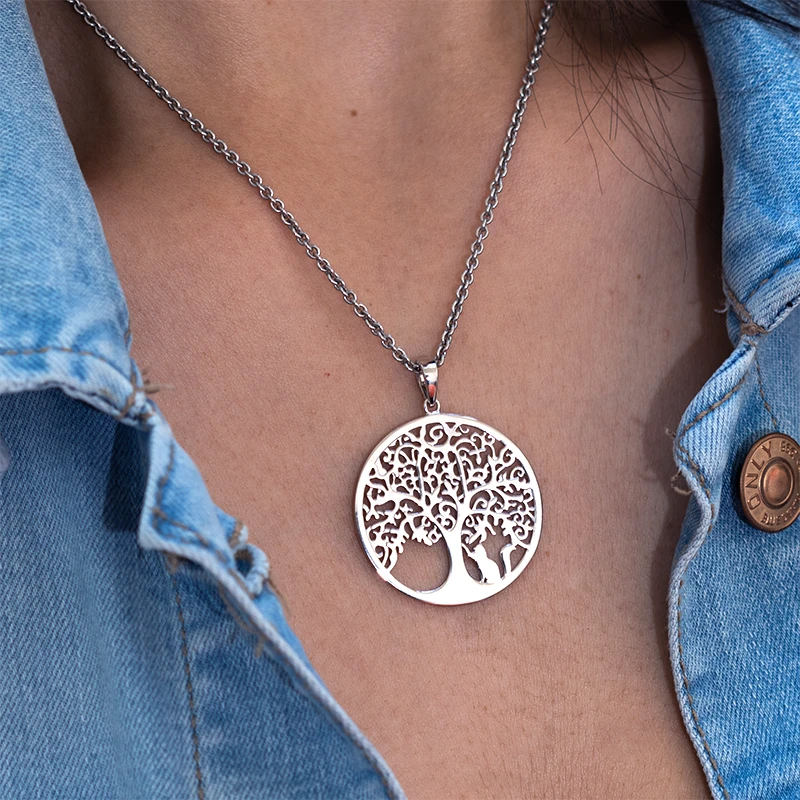 Silver tree of life pendant with cat
