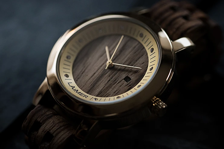 Yellow gold dial wooden watch
